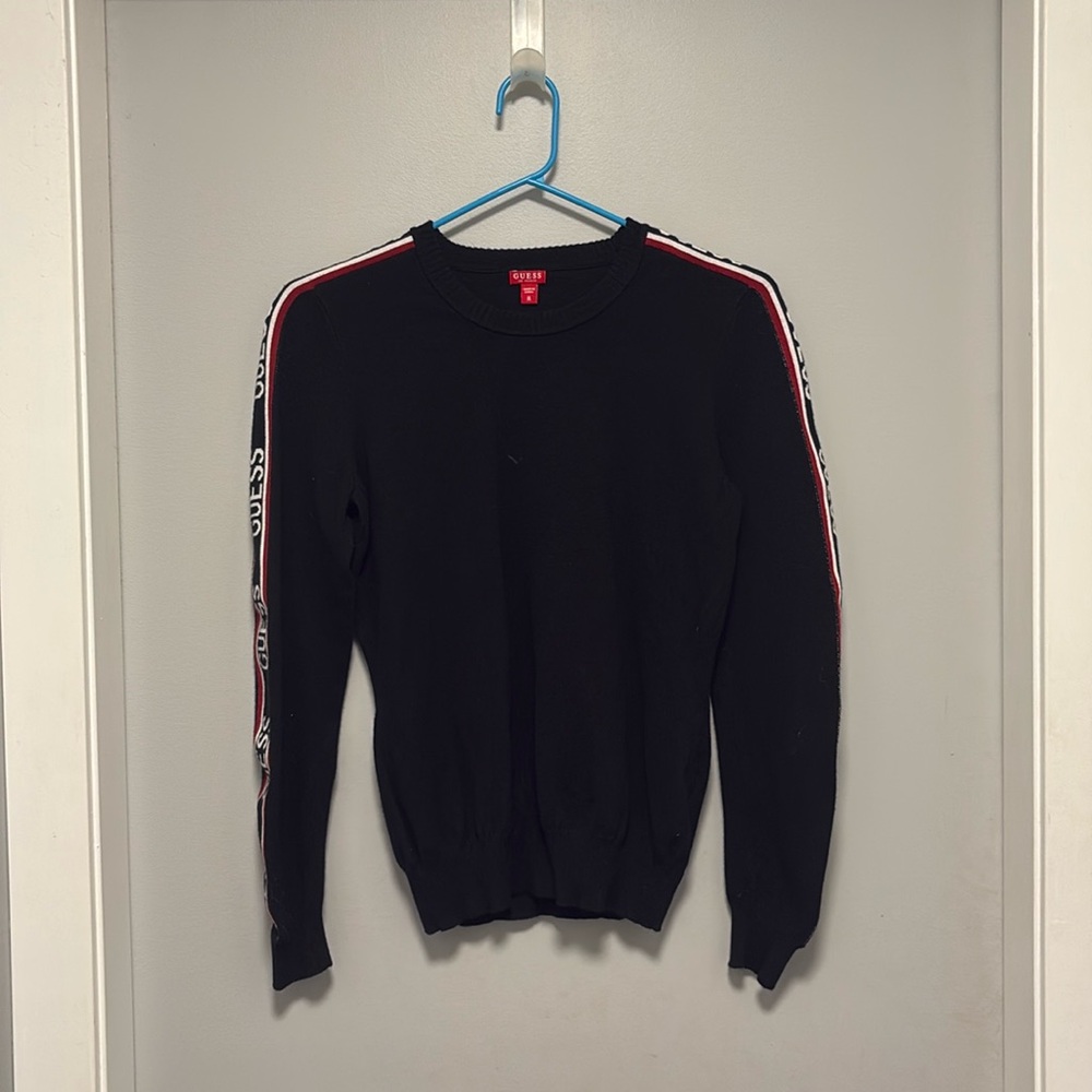 ☀️Children’s medium black sweater w/ guess sleeves red and white striped accents